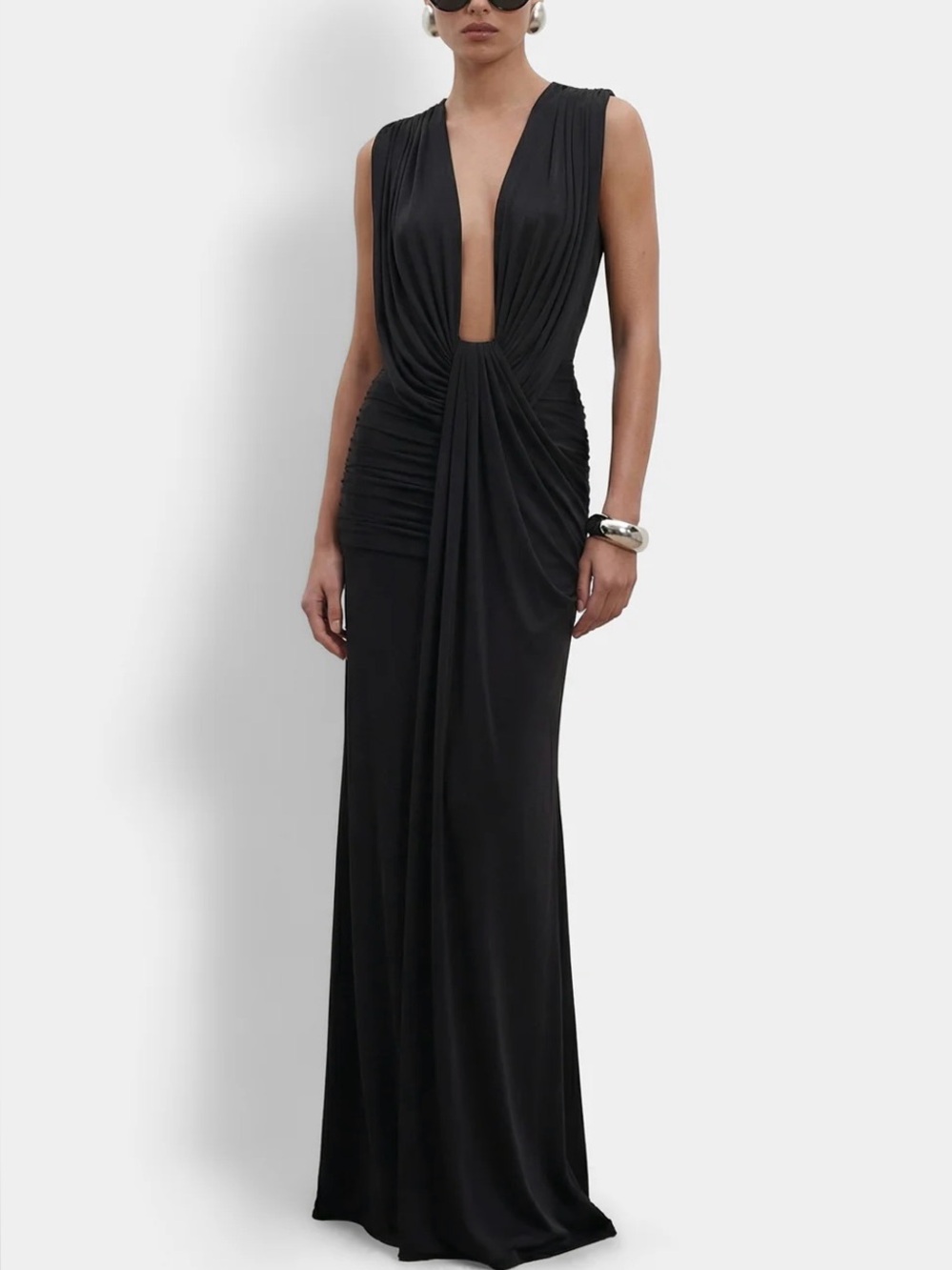 Plunging Backless Black Maxi Dress with Draped Waist